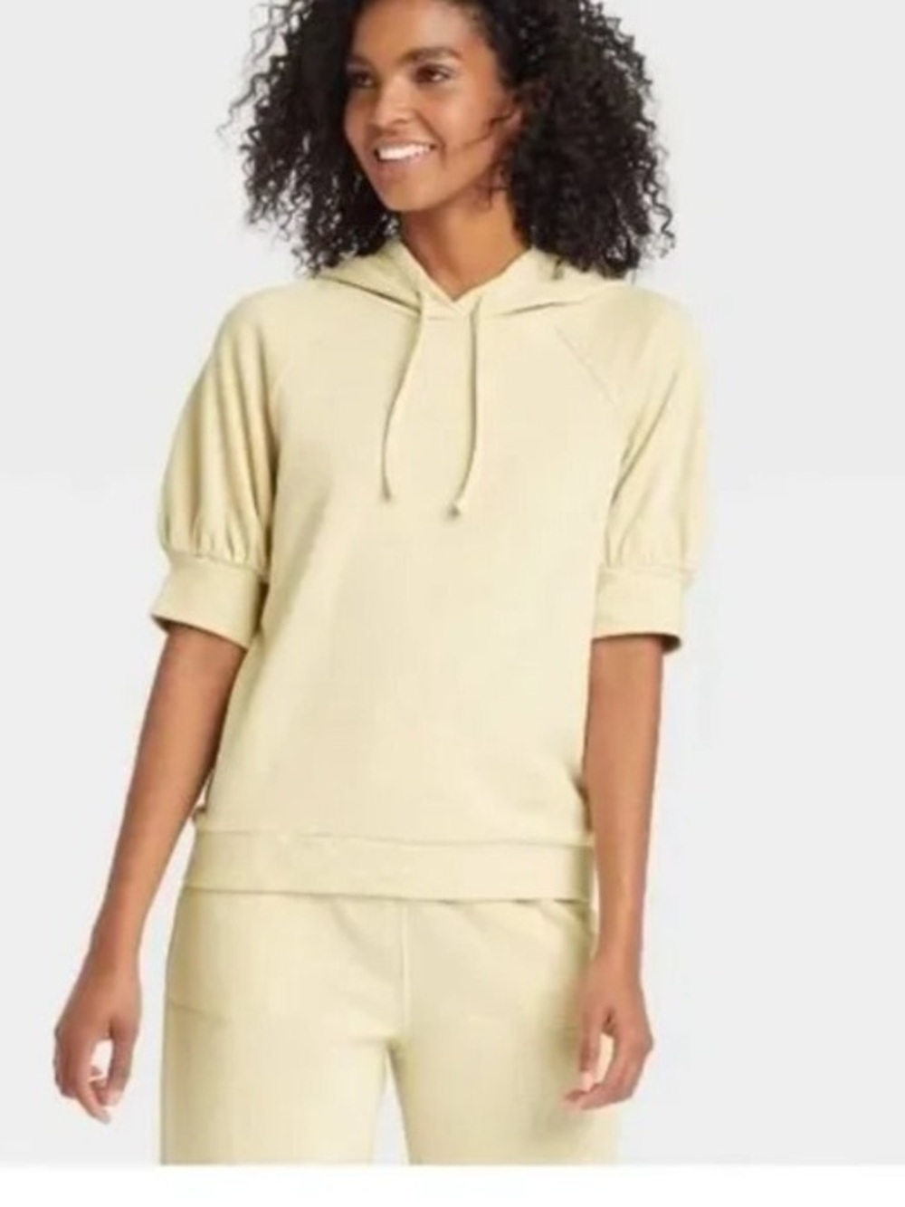 WHO What Wear Womens Short Sleeve Athleisure Hooded Sweatshirt Beige Size L